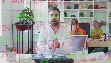 Animation-of-trading-board-over-caucasian-man-discussing-reports-on-video-call-in-office