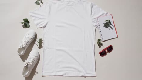 Video-of-flat-lay-of-white-t-shirt,-sneakers,-sunglasses-and-copy-space-on-white-background