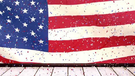 Animation-of-multicolored-confetti-over-wooden-planks-against-waving-flag-of-america