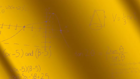Animation-of-mathematical-equation-and-diagrams-over-yellow-background