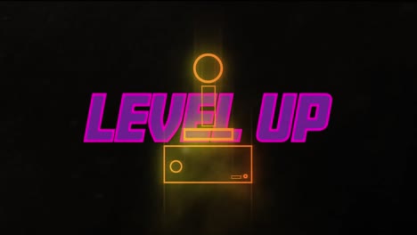 Animation-Von-Violettem-Level-Up-Text-Und-Beleuchteter-Konsole-Auf-Schwarzem-Hintergrund