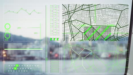 Animation-of-graph,-loading-circles,-navigation-pattern-over-modern-cityscape-against-sky