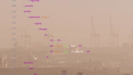 Animation-of-multicolored-computer-language-over-fog-covered-modern-city-against-sky