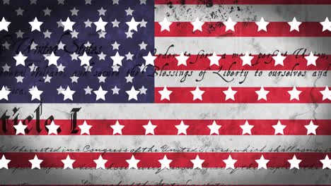 Animation-Der-Verfassung-Der-Vereinigten-Staaten-Von-Amerika-Und-Sterne,-Die-Sich-über-Die-Flagge-Amerikas-Bewegen