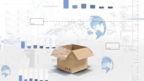 Animation-of-graphs,-globes,-loading-bars-with-changing-numbers-over-open-cardboard-box