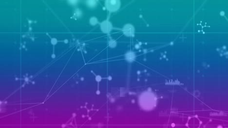 Animation-of-connected-dots-with-graph-icons,-floating-nucleotides-over-gradient-background