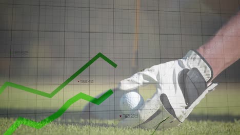 Animation-of-graphs-with-changing-numbers-over-cropped-hand-placing-ball-on-ground-and-taking-shot