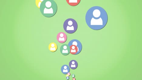 Animation-of-colourful-circles-with-profiles-icons-moving-on-green-background
