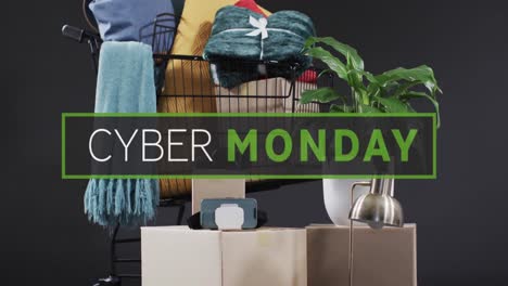 Animation-of-cyber-monday-text-over-gift-boxes-in-shopping-trolley
