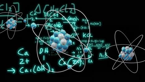 Animation-of-atom-model-spinning-and-data-processing-on-black-background