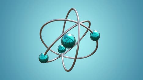Animation-of-atom-model-spinning-on-blue-background
