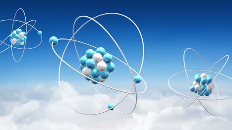 Animation-of-atom-models-spinning-over-clouds-on-blue-background