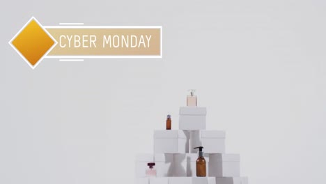 Animation-of-cyber-monday-text-over-beauty-products-and-boxes