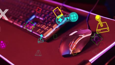Animation-Von-Neonsymbolen-über-Videospiel-Computergeräten