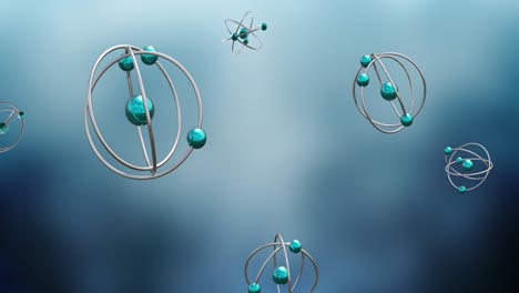 Animation-of-atom-models-spinning-on-blue-background