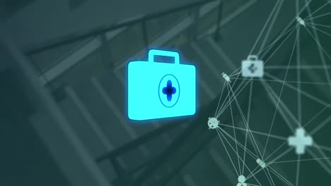 Animation-of-network-of-medical-icons-and-data-processing-over-hospital
