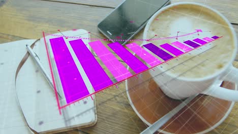 Animation-of-arrow-on-falling-graph-over-coffee-cup,-notepad,-pen-and-cellphone-on-table