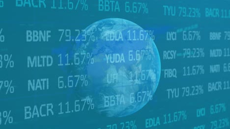Animation-of-trading-board-over-numbers-around-globe-against-abstract-background