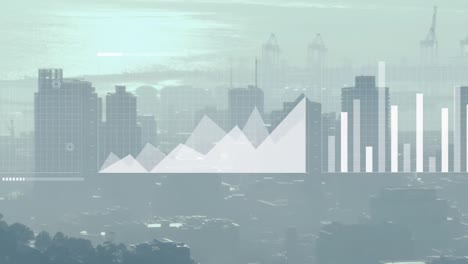 Animation-of-multiple-graphs-moving-over-aerial-view-of-silhouette-cityscape