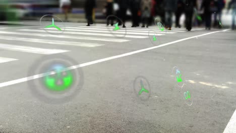 Animation-of-multiple-floating-icons-over-time-lapse-of-people-crossing-street