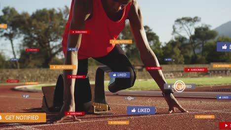 Animation-of-notification-bars,-african-american-athlete-with-prosthetic-legs-at-starting-line