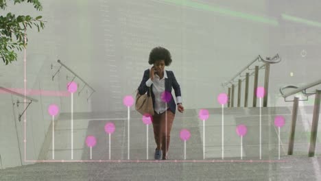 Animation-of-african-american-woman-talking-on-phone-and-looking-at-watch-while-walking-up-stairs