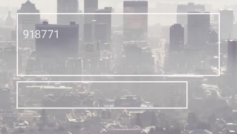 Animation-of-screens-with-changing-numbers-over-aerial-view-of-modern-cityscape