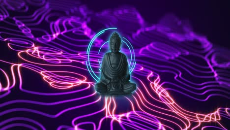 Animation-of-buddha-statue,-data-processing-and-network-of-connections