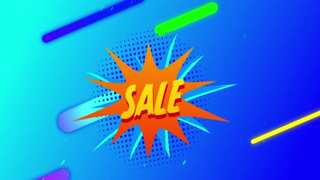 Animation-of-sale-text-on-color-splash,-dots-forming-circles,-multicolored-bars-over-blue-background