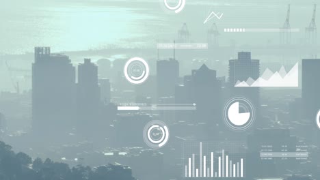 Animation-of-graphs,-loading-bars-and-circles-over-modern-cityscape-against-cloudy-sky