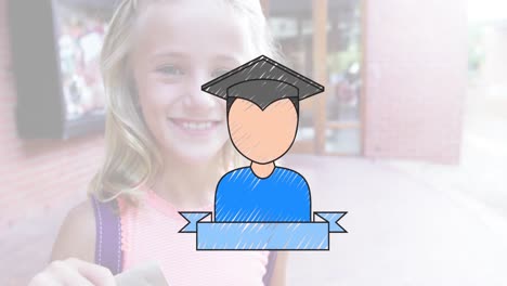 Animation-of-ribbon-and-boy-wearing-mortarboard-over-smiling-caucasian-girl-holding-packet