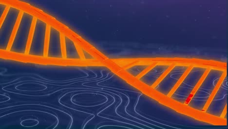 Animation-Einer-Orangefarbenen-DNA-Helix,-Die-Sich-über-Wellenmuster-Auf-Blauem-Hintergrund-Dreht
