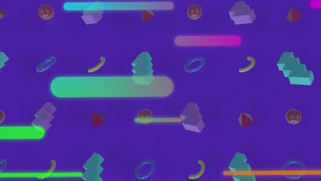 Animación-De-Barras-Multicolores-Moviéndose-Sobre-Círculos,-Ladrillos,-Triángulos-Sobre-Fondo-Azul