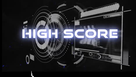 Animation-of-high-score-text-with-graphs,-loading-circles-and-bars-against-black-background
