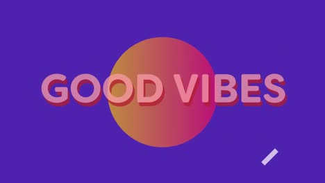 Animation-of-geometric-shapes-around-good-vibes-text-over-circle-against-blue-background