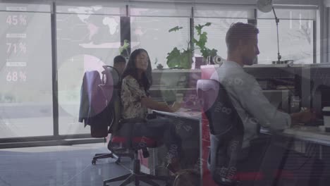 Animation-of-infographic-interface-moving-over-asian-businesswoman-getting-up-from-chair-at-desk