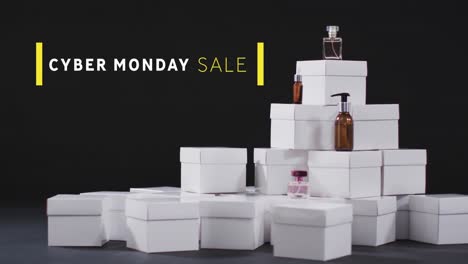 Animation-of-cyber-monday-sale-text-over-gifts-and-boxes