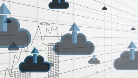 Animation-of-arrow-in-cloud-with-multiple-graphs-and-changing-numbers-over-white-background