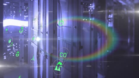 Animation-of-lens-flares-and-multiple-icons-over-illuminated-data-server-room