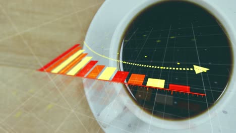 Animation-of-arrow-on-reducing-bar-graphs,-overhead-view-of-coffee-cup-on-wooden-table