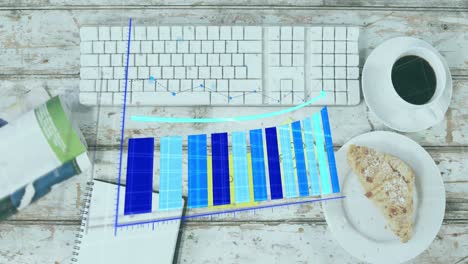 Animation-of-graphs,-overhead-view-of-keyboard,-coffee,-food,-morning-and-good-text-on-notes