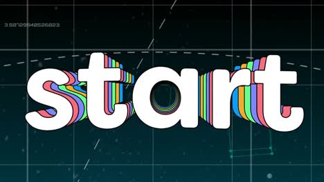 Animation-of-multicoloured-start-text-with-geometric-shapes-on-black-background