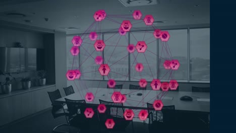 Animation-of-mobile-application-icons-forming-globe-and-rotating-in-empty-conference-room