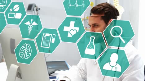 Animation-of-icon-in-hexagons-over-caucasian-doctor-checking-patient-records-in-computer