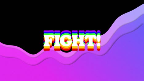 Animation-of-colourful-fight-text-and-purple-wave-pattern-on-black-background