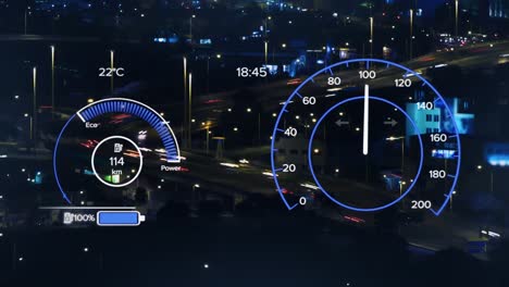 Animation-Von-Ladegeschwindigkeitsmessern-Und-Batteriesymbolen-Im-Zeitraffer-Fahrender-Fahrzeuge-In-Der-Stadt