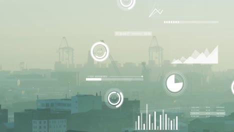 Animation-of-graphs,-loading-bars-and-circles-over-aerial-view-of-modern-buildings-against-sky