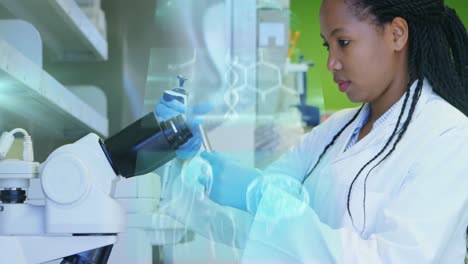 Animation-of-medical-interfaces-over-african-american-female-scientist-taking-sample-from-test-tube