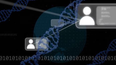 Animation-Von-Computersprache,-Binärcodes,-DNA-Helixen-Und-Globus-Auf-Schwarzem-Hintergrund
