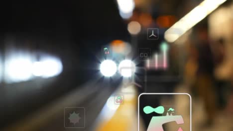 Animation-of-multiple-icons-over-blurred-train-arriving-at-subway-station